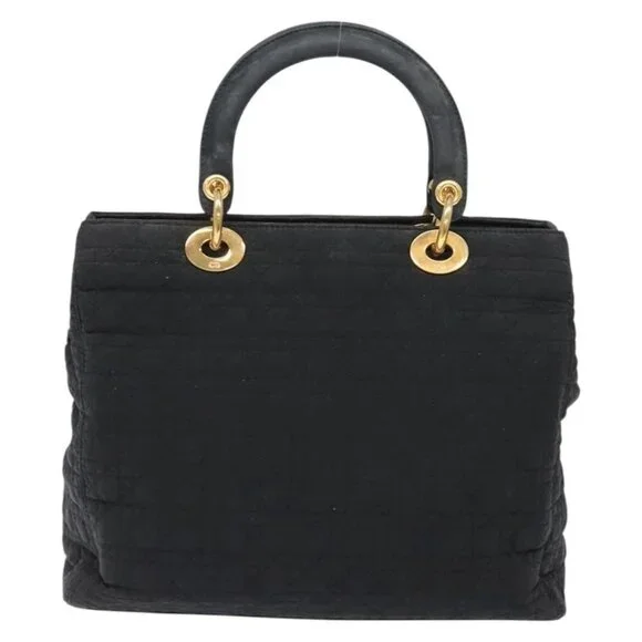 Christian Dior Lady Dior Canage Hand Bag Nylon Black Gold Auth ep10577